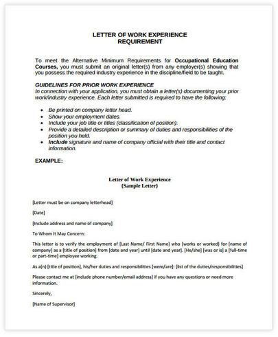 Free Sample Letter Of Work Experience