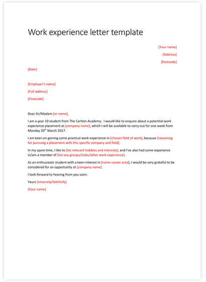 Work experience letter template